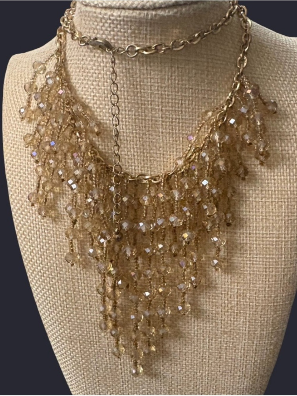 Gold Beaded Fringe Statement Necklace with faceted ab beads